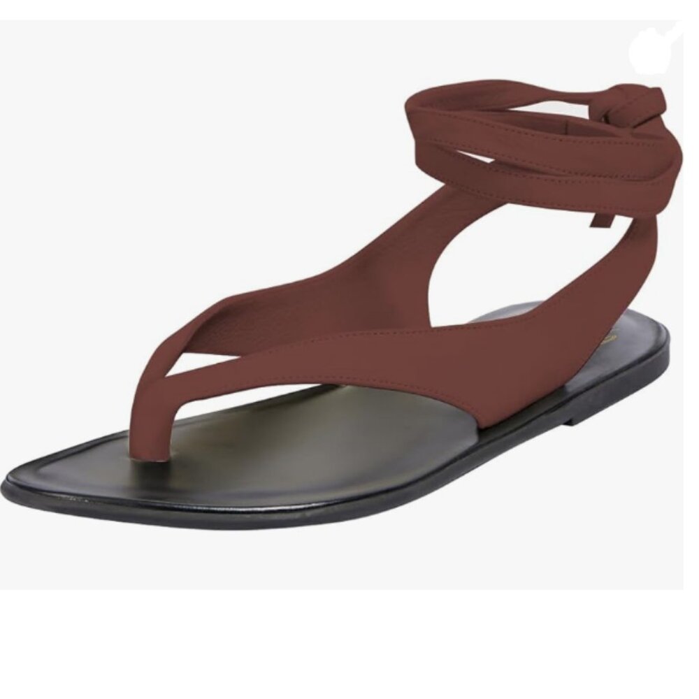 FOWT Wine Split Round Toe Sandals Lace up Strappy Flats Soft Flip Flop Shoes